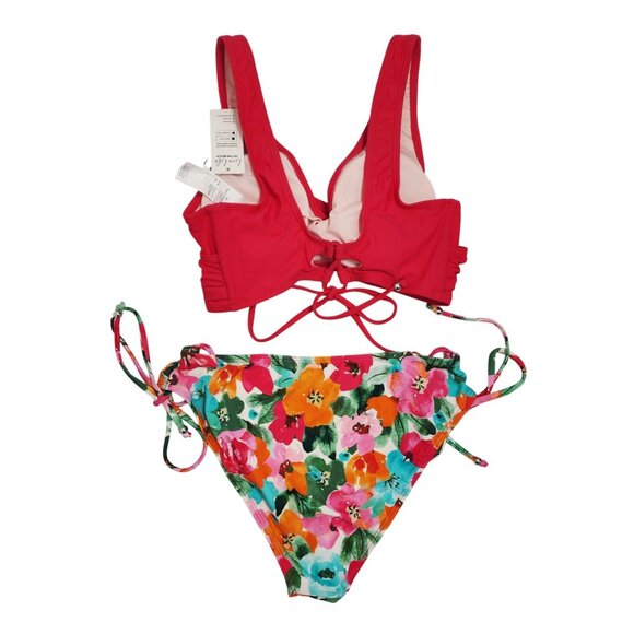 Two-Piece Red Wrap Bikini Top Floral Tie-Side Swimsuit Womens Cupshe Size M - Picture 6 of 6